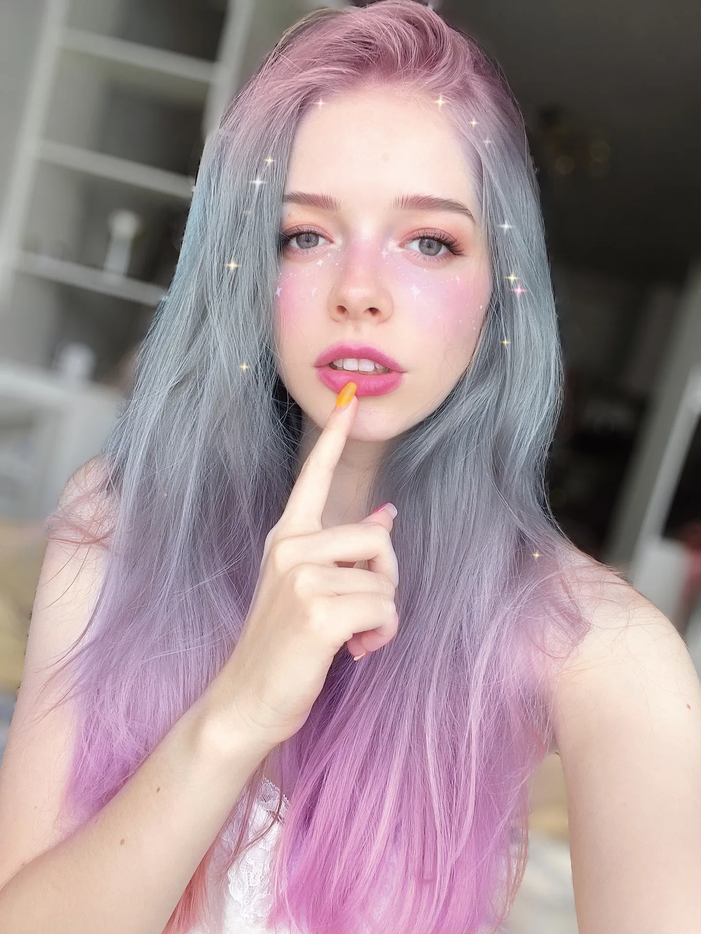 Lavender hair by shelves