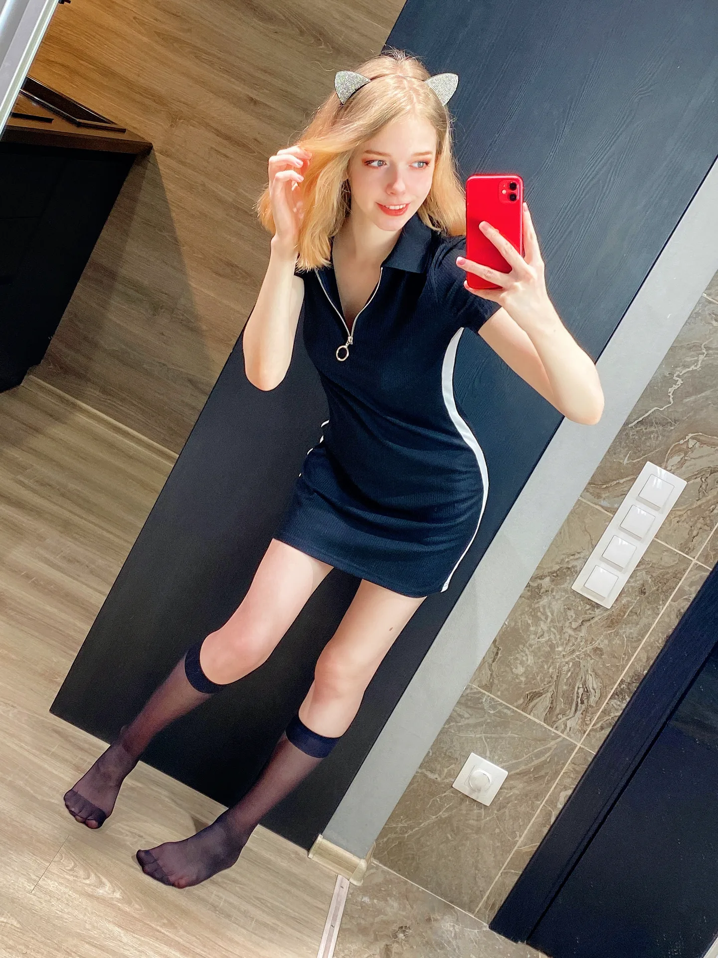 Navy dress mirror selfie