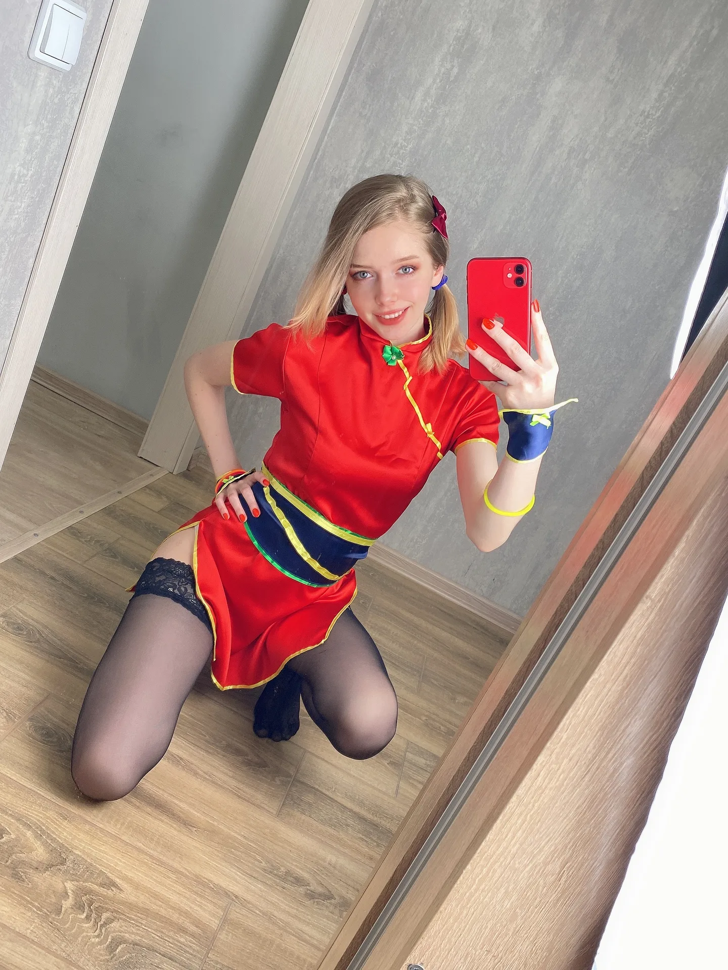 Red dress mirror selfie
